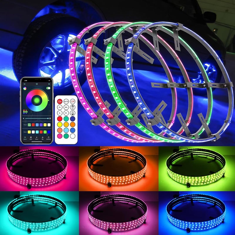DEERMOTO 4PCS 17.5inch RGB LED Wheel Rim Lights with Bluetooth and Remote Control,Wheel Ring Light Kits with Turn Signal and Braking Function Tire Lights for Pickup Truck SUV Car(17.5inch) - Image 1